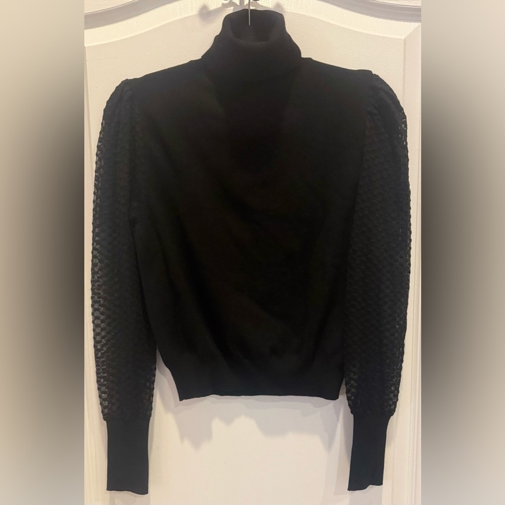 ZARA Turtleneck Long Sleeve Sweater Puff Sheer Sleeves Black XL Cotton Blend